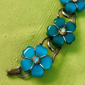 Vintage Blue Green Thermoset Floral Bracelet & Earrings - AB Rhinestones